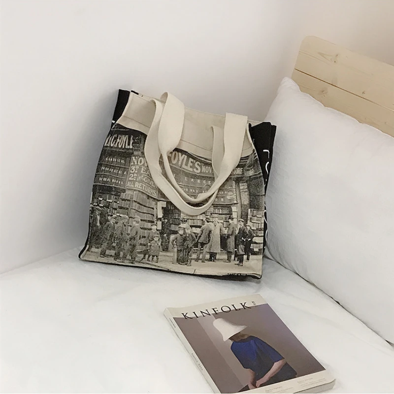 

Large Vintage Women's Shopping Bag British Style Ladies Canvas Shoulder Tote Bags Fashion Shopper Bag Cotton Cloth Woman Handbag