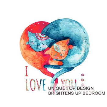 BlessLiving Lovely Cats Bedding Set for Couples Blue Red Heart Bedspreads Watercolor Hugging Cats Quilt Cover I Love You Bed Set 3