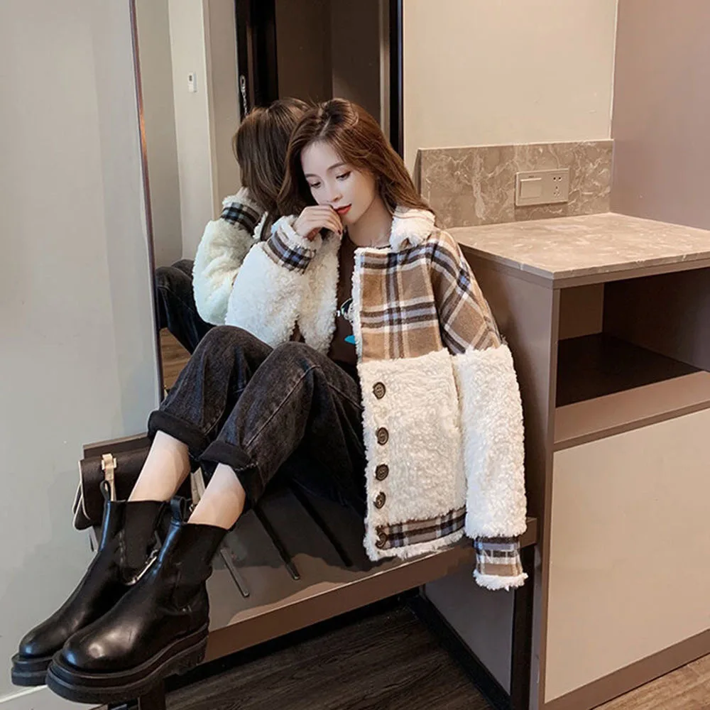 

Autumn And Winter All-match New Small Fragrance Wind Houndstooth Plus Velvet Thickening Parka Coat Female Lamb Wool Short Coat