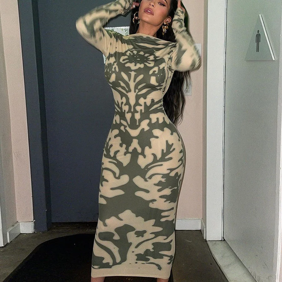 

New Spring/Autumn Sexy Long Sleeve Backless Camouflage Dress Summer Women Fashion Streetwear Outfits Printed Club Maxi Dress