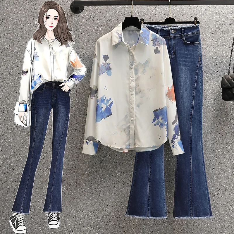 

2 Piece Plus Size 4xl Personality Tie Dye Shirts Sweet Jeans Office Lady Womens Daily Casual Trendy Chic Women Sets Elegant Chic