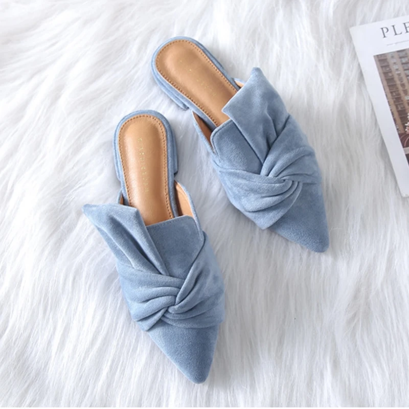 

Elegant Ladies Mules Summer Women Slippers Flock Bow-knot Flats Fashion Pointed Toe Ladies Office Shoes Slides Woman Slipper