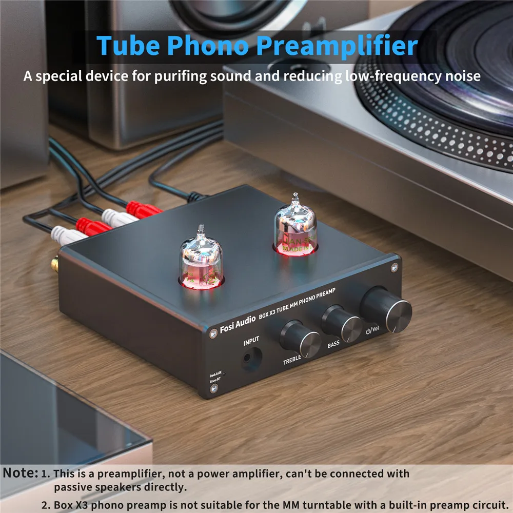 Fosi Audio Bluetooth Phono Preamp for Turntable Phonograph Preamplifier With 5654W Vacuum Tube Amplifier HiFi BOX X3