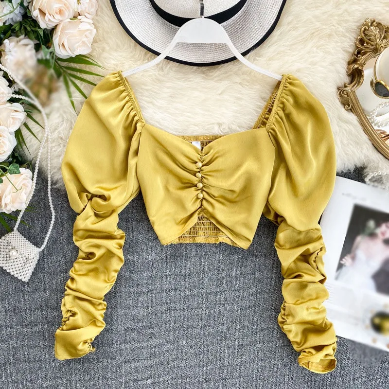 

Spring And Autumn Temperament Solid Color Sexy Slash Neck Short Blouses Sweet Long Puff Sleeve Ladies Shirt