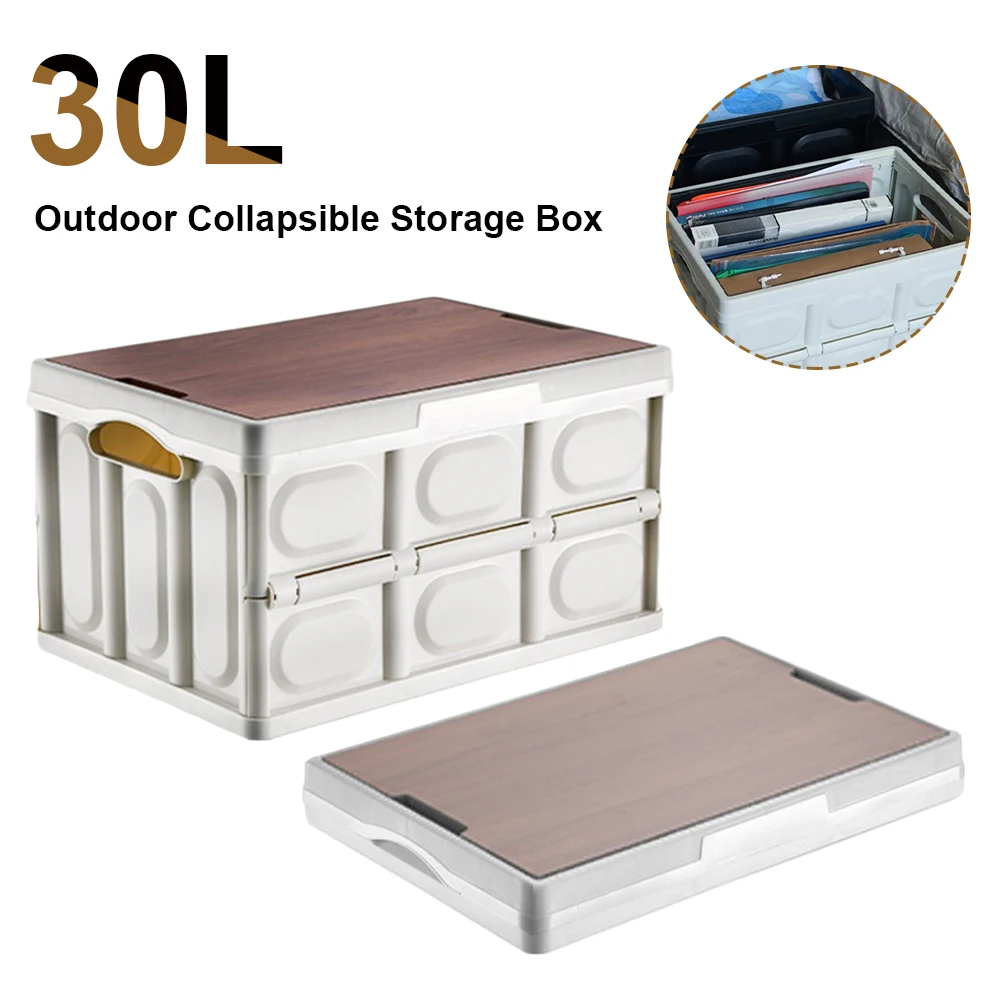 

Plastic Collapsible Storage Box with Wooden Lid Outdoor Camping Storage Container Multifunctional Foldable Car Travel Organizer