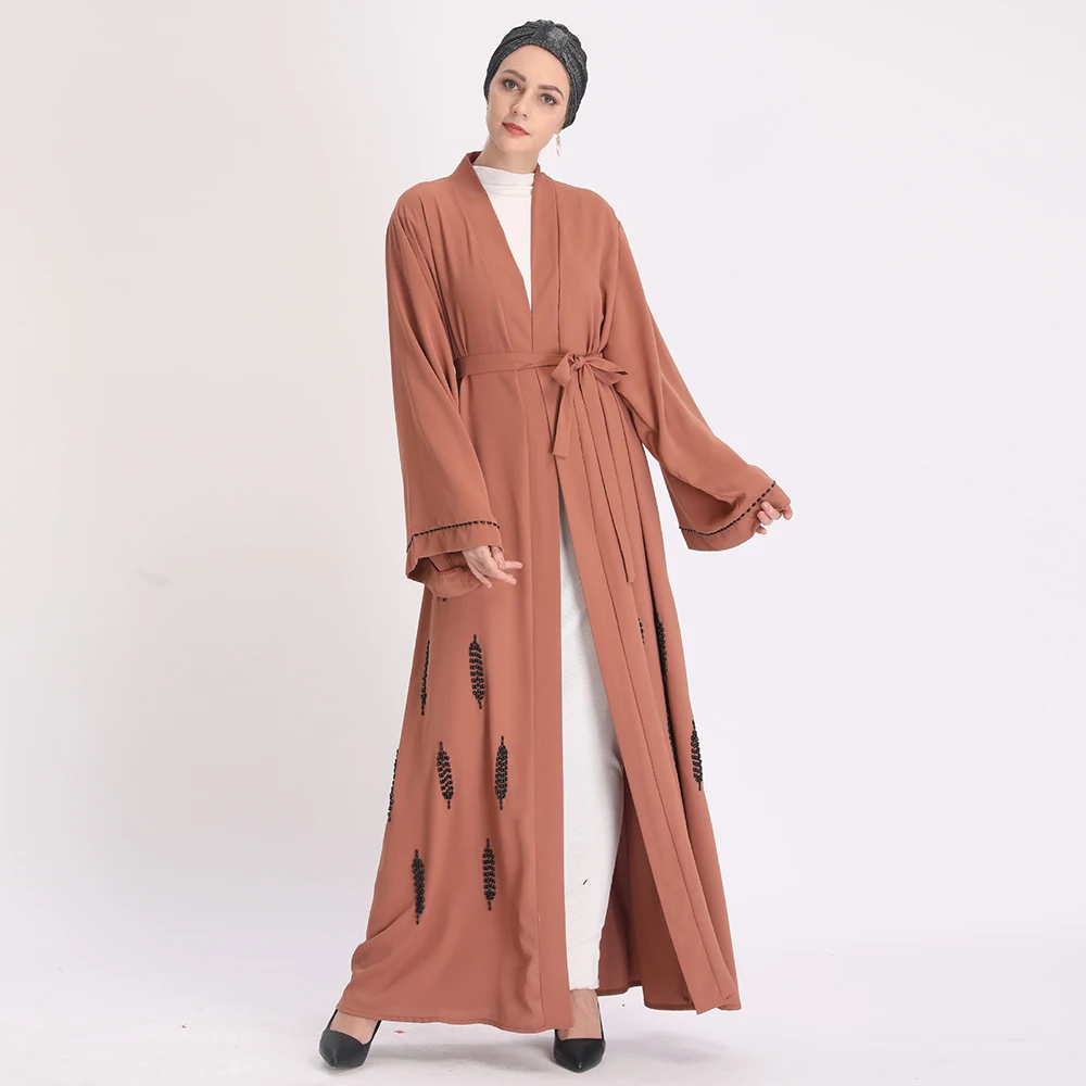 

Fashion Dubai Handmade Beaded Kimono Abaya for Women Islamic Eid Cardigan Robe Hijab Dresses Turkey Arabic Islamic Clothing 2020