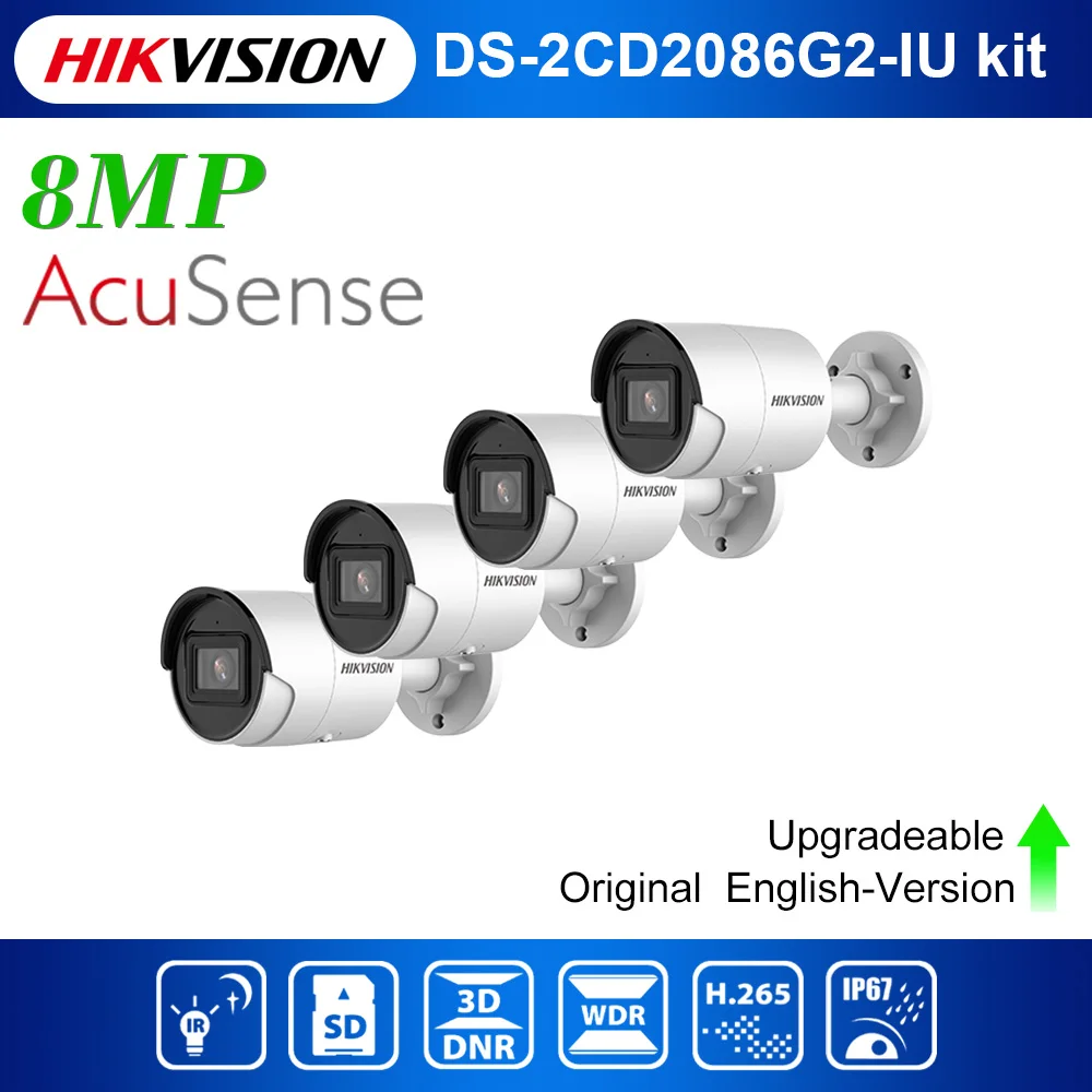 Оригинальный Hikvision AcuSense DS 2CD2086G2 I и IU 4K POE 8MP IP66 Fixed Mini Bullet Network Camera 4 PCS Kit|Камеры