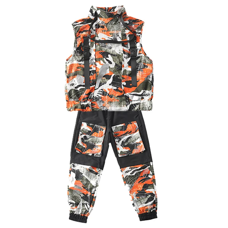 

Hip hop boy's clothes, high collar sleeve less coat, top, tactical camouflage pants, girl's, boy's, dance clothes, street