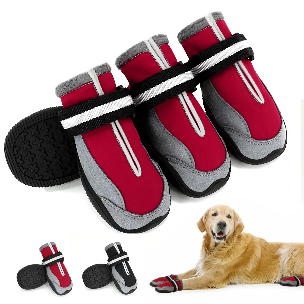 

4pcs/set Warm Dog Shoes Waterproof Anti-Slip Rain Snow Boots Warm Reflective Booties Socks For Medium Large Dogs Footwear Sports