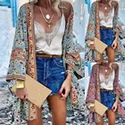 Женский кардиган с открытым спереди, летняя богемная блузка с цветочным принтом, кимоно, повседневные свободные пляжные топы, винтажные Блузы с длинным рукавом