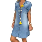 Платье-рубашка женское джинсовое короткое на пуговицах, модная повседневная свободная одежда без рукавов, большие размеры, голубое, 2020