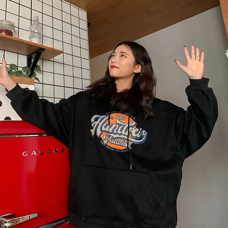 

Yocalor Autumn Hoodies Women Cartoon Letter Printed Loose Hooded Sweatshirt Streetwear Long Sleeve Pullovers Hoody Vintage Top