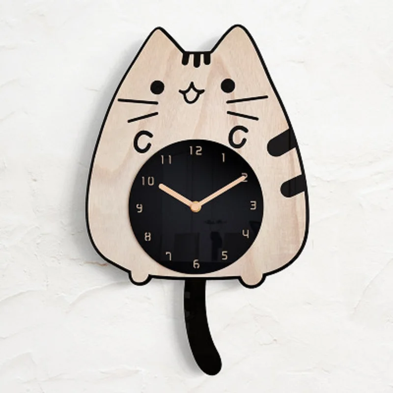 Wooden Cartoon Wall Clocks Baby girls Children's Room home Decoration Cat Wagging Tail Design Creative Silent Swinging Clock | Дом и сад