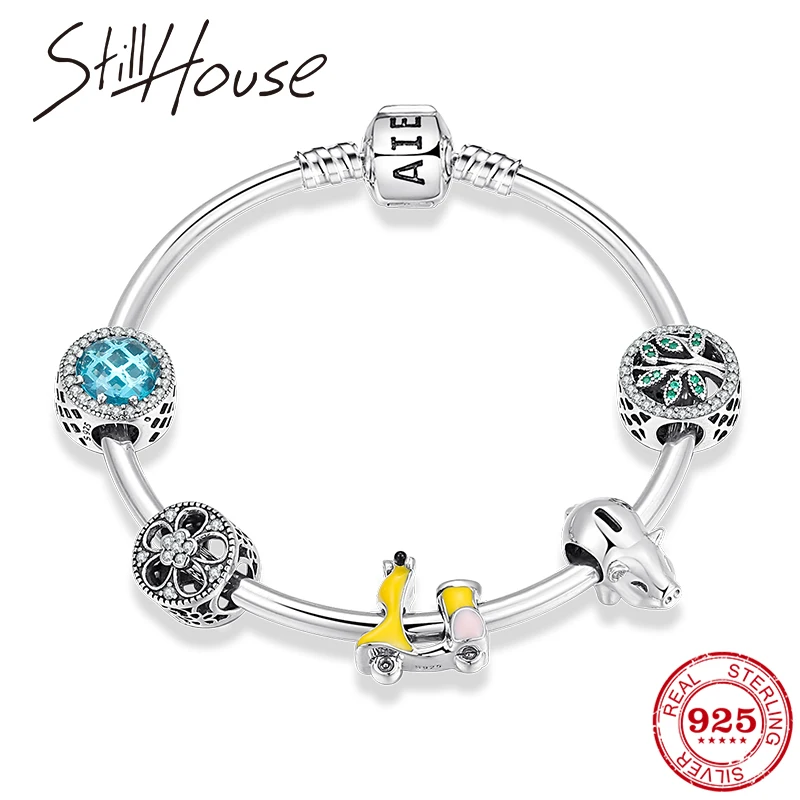 100% реальные 925 Браслеты стерлингового серебра желтая эмалированная мотоцикл из