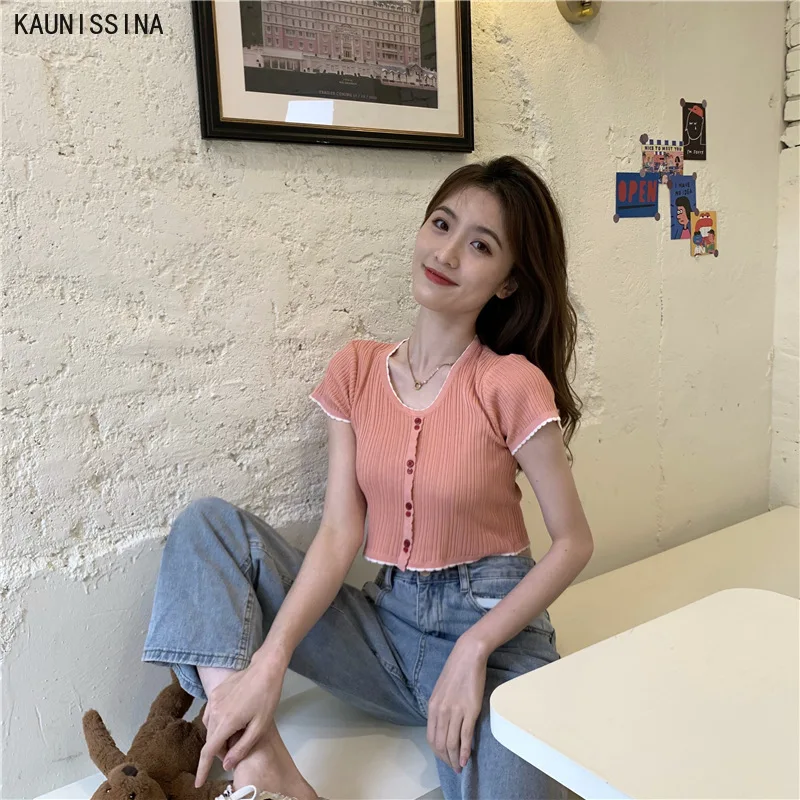 Эластичный укороченный топ с коротким рукавом женская летняя облегающая