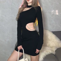pure desire hot girl style sexy slanted shoulder halter neck dress scheming hollow waist pearl chain design package hip skirt l
