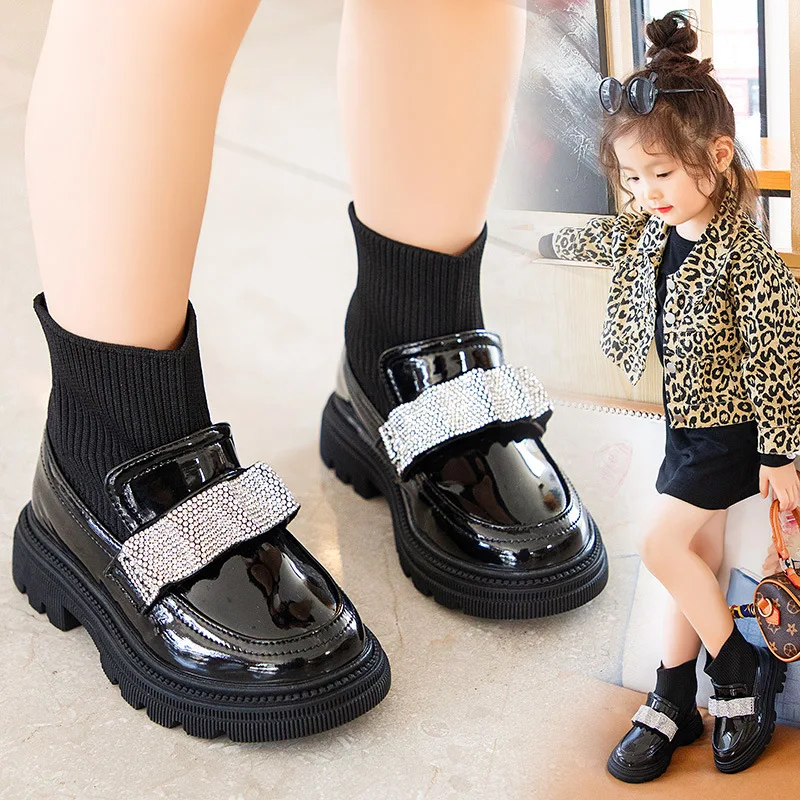 

Short Kids Shoes for Girl 2022 New Autumn Solid Black Children Sock Boots Soft Bottom Rhinestone Decoration Princess Girls Boots