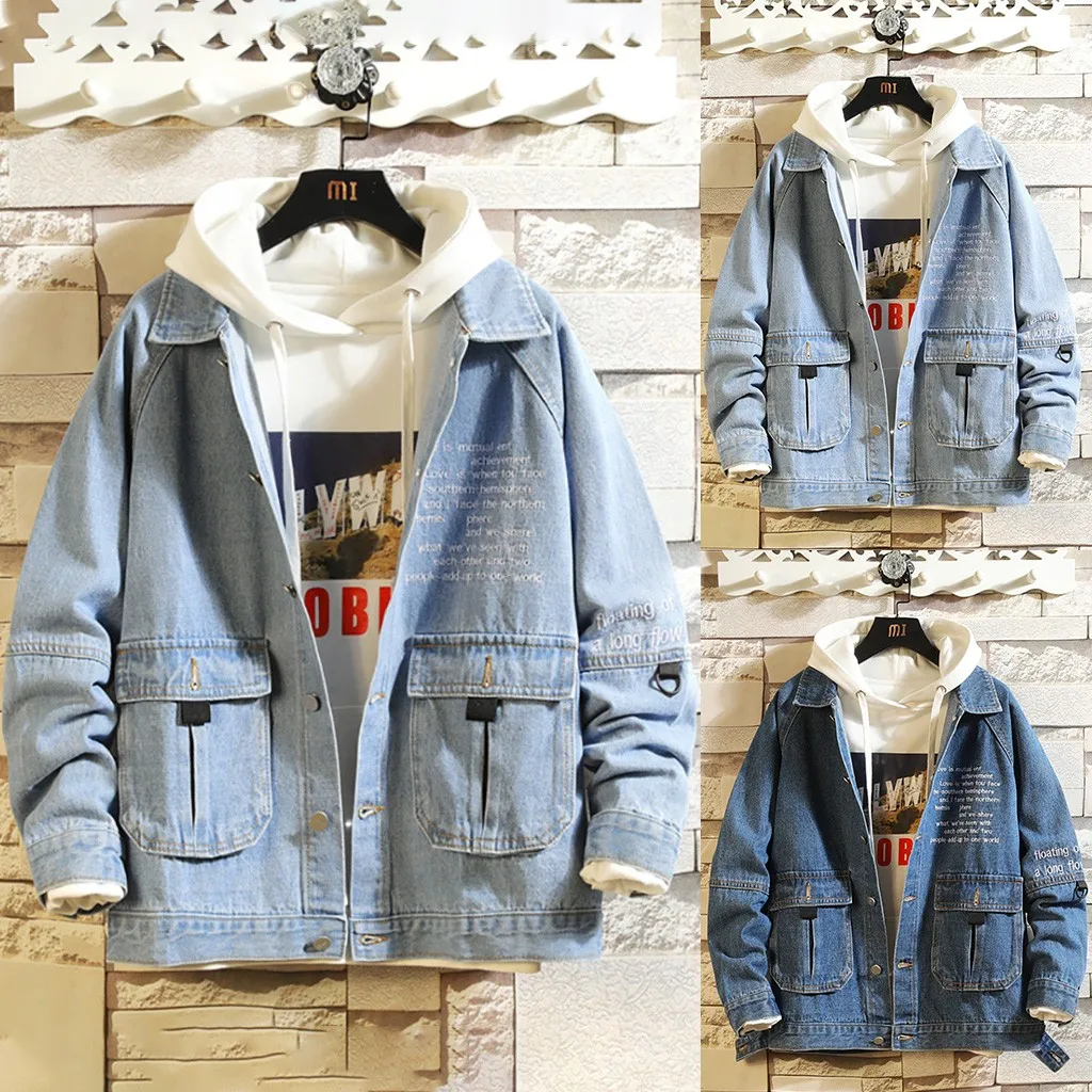 Men'sJackets весна осень поддельные две части Лоскутная джинсовая куртка с капюшоном