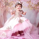 Розовое кружевное платье с цветочным узором и рукавами-крылышками для девочек; Платья для первого общения; Платья для крестин; Платье для малышей на заказ; Бесплатная повязка на голову