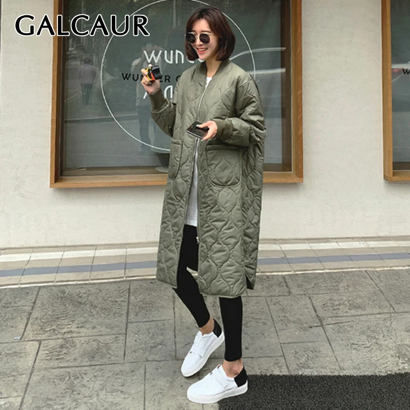 

GALCAUR Black Casual Winter Coat For Women Stand Collar Long Sleeve Patchwork Pocket Zipper Solid Coats Female Korean Fashion