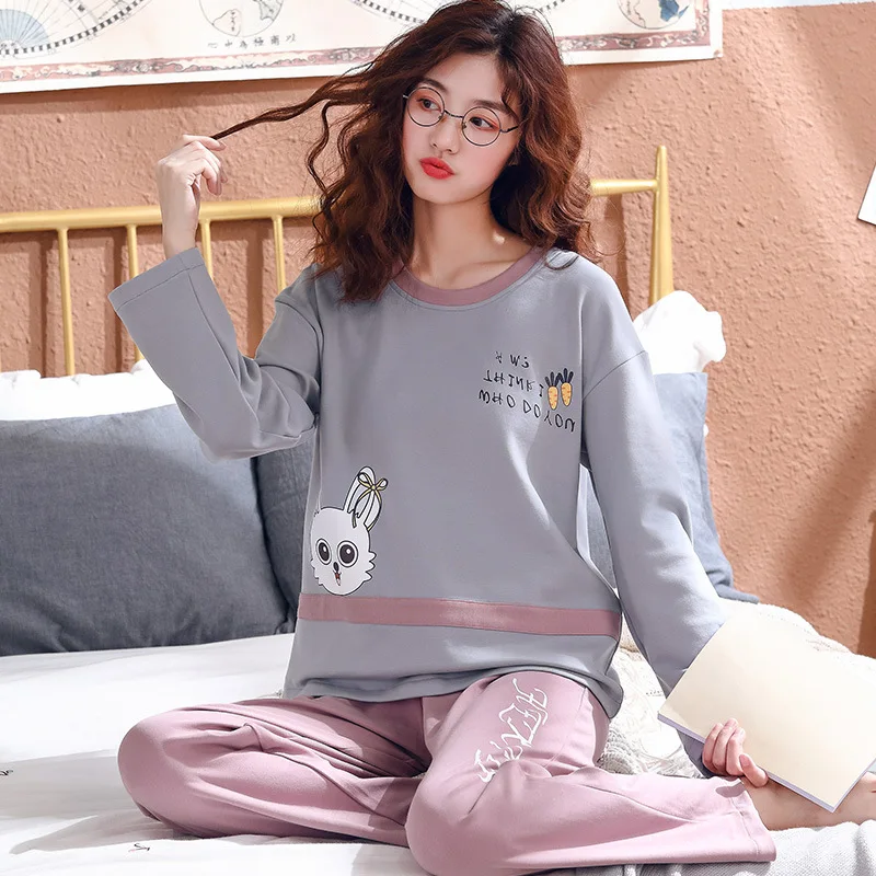 Style 2032 Пижамный комплект, Женский хлопковый весенне-осенний костюм из двух предметов с длинными рукавами, большие размеры, зимние студенческие милые брюки и топ, одежда для сна - Цвет: Style 2032