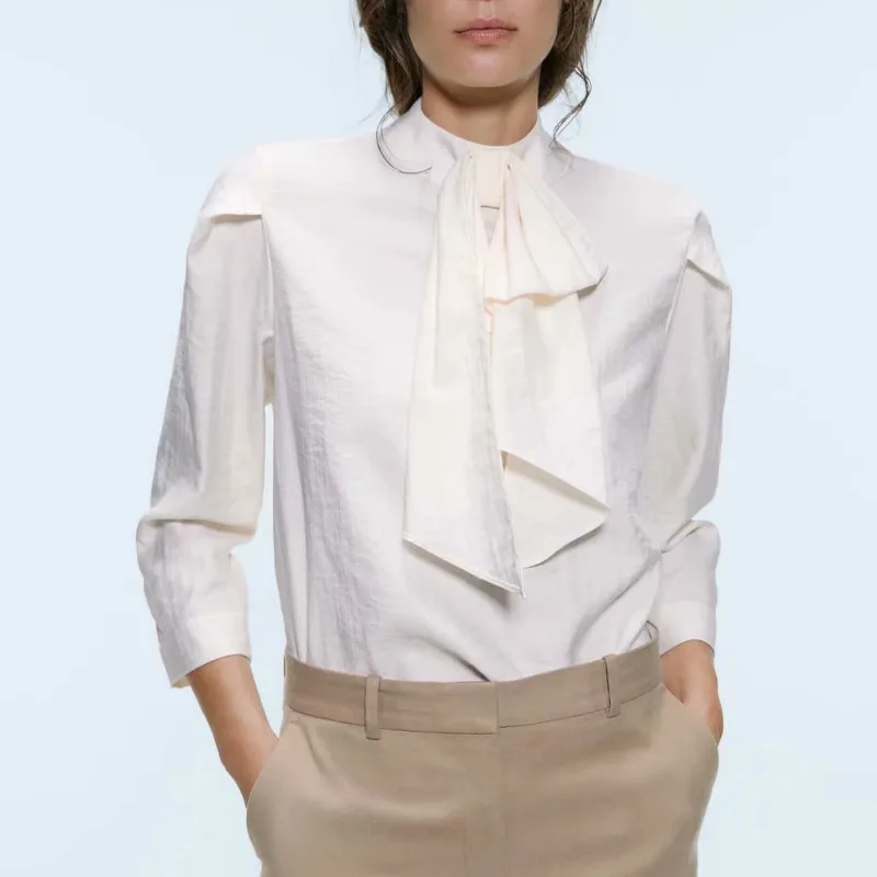 Женская стильная блузка с галстуком-бабочкой и воротником длинный рукав