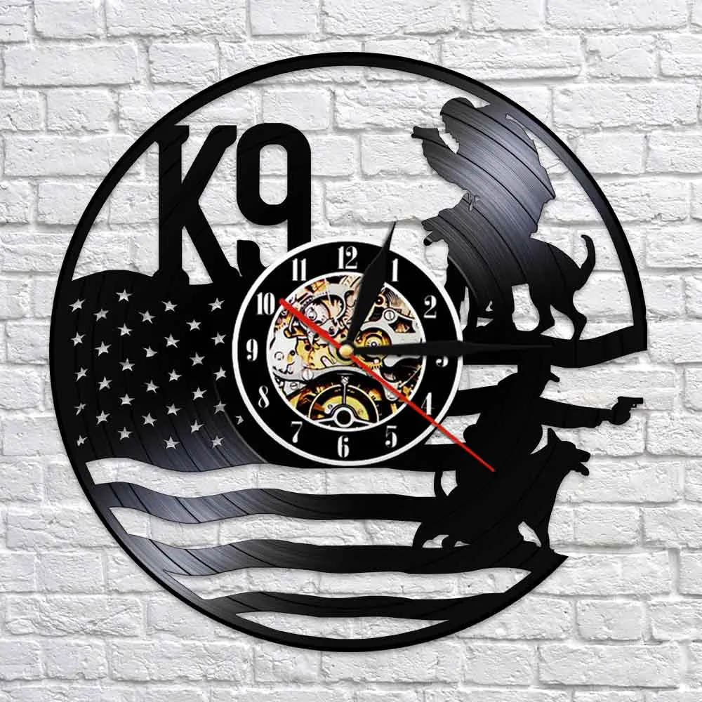 K9 полицейский и собачьи будки 3D настенные часы черный подвесной Виниловая