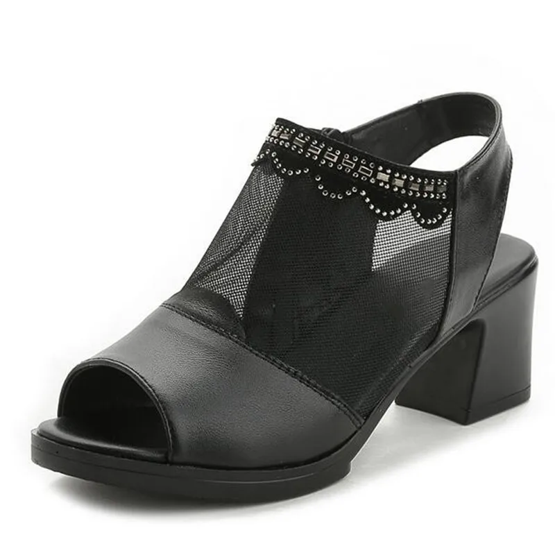 Hot Sales 2022 New Summer Hollow Genuine Leather Women Sandals Fashion Fish Head Comfortable Shoes High Heels 5 Cm | Обувь