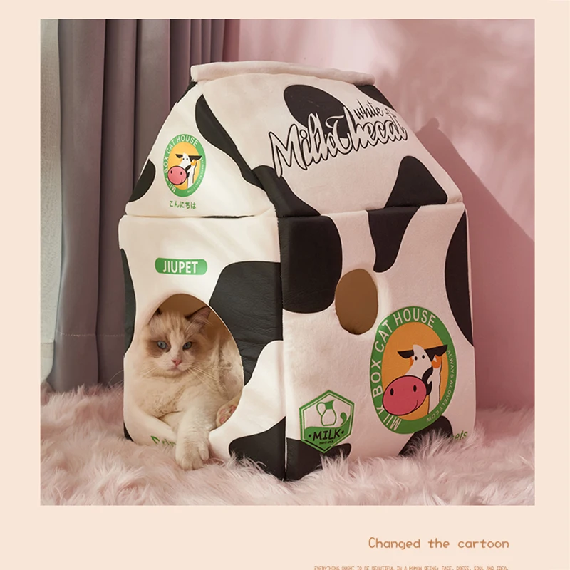 

Foldable Cute Pet Cat Bed House Strawberry Banana Milk Box Cat House Winter Warm Plush Soft Cave Cat Kitten Kennel Pet Supplies