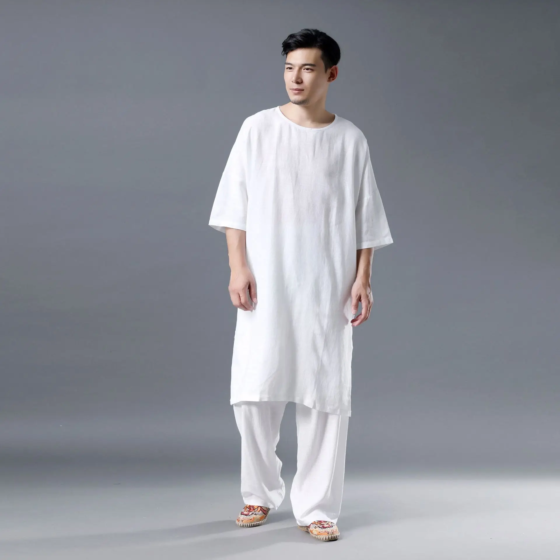 

IEFB /men's wear Round Neck Gown Loose Casual Meditating Yoga Wear half Sleeve long Tops + casual pants two pieces set 9Y1225