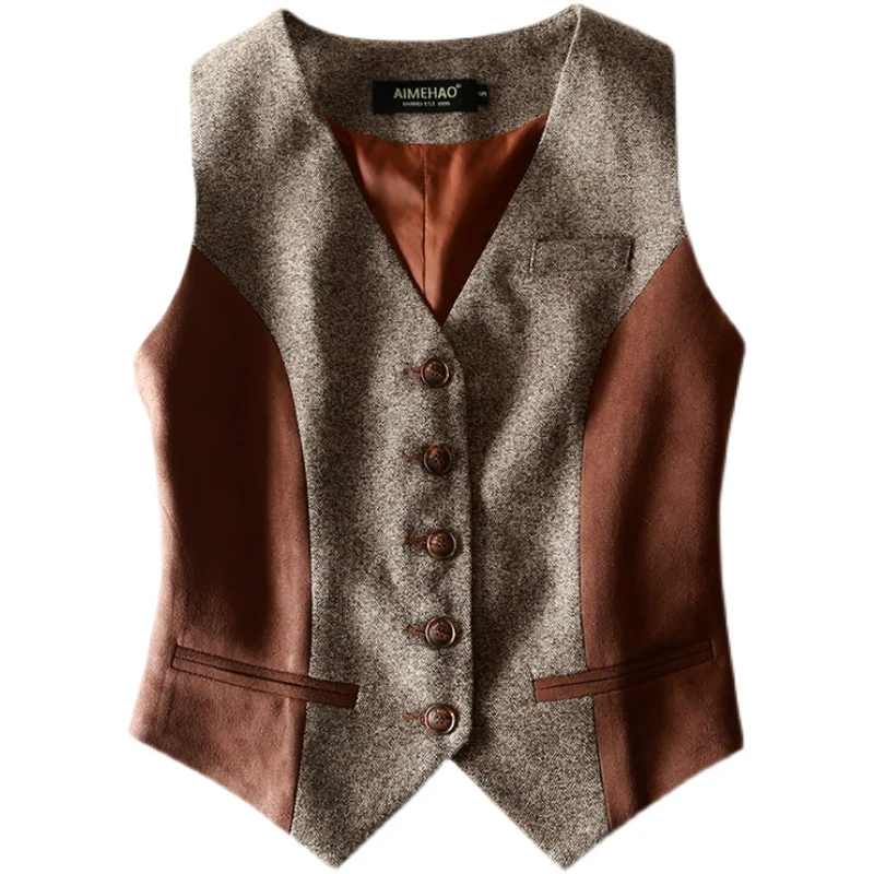 

Women Vintage Ves Autumn and Spring Slim Woolen Suit Vest Classic Official stitching Waistcoat