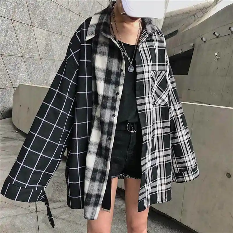 NiceMix Harajuku женские рубашки с длинными рукавами в клетку в стиле пэчворк BF женские блузки с отложным воротником в Корейском стиле Mujer блузка - Цвет: Черный