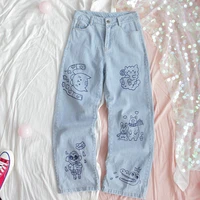 new jeans for women loose high waist straight denim trousers harajuku cartoon jeans cute cat jeans female pants cotton
