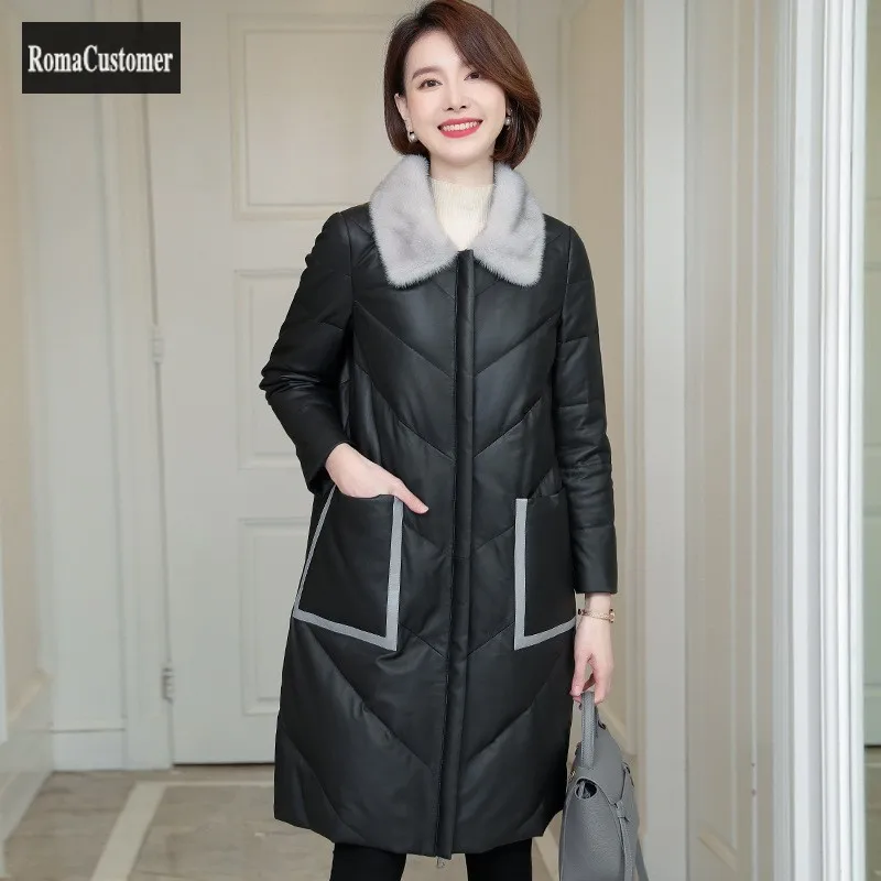 

Genuine Leather Down Jacket Winter New Womens Sheepskin Fur Collar Zippers Concise Fashion Outerwear Elegant Casual Long Coat