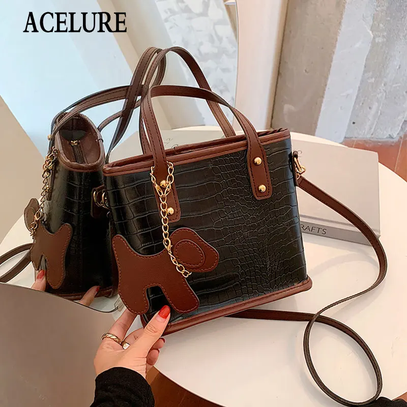 

ACELURE Alligator PU Leather Bucket Bags Women Casual Fashion Totes Cute Dog Pendant Vintage Fashion Shopping Handbags Purse