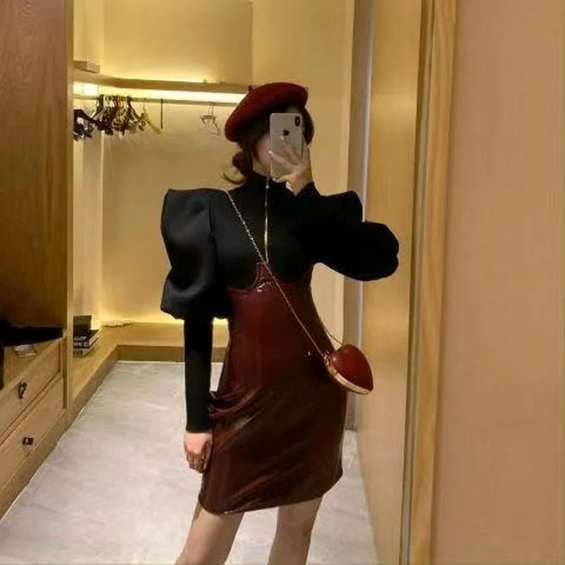 

PU Leather Skirt Women 2021 New Sexy High Waist Skirt Office Knee Length Lantern Sleeve Top Two-piece Suit Autumn