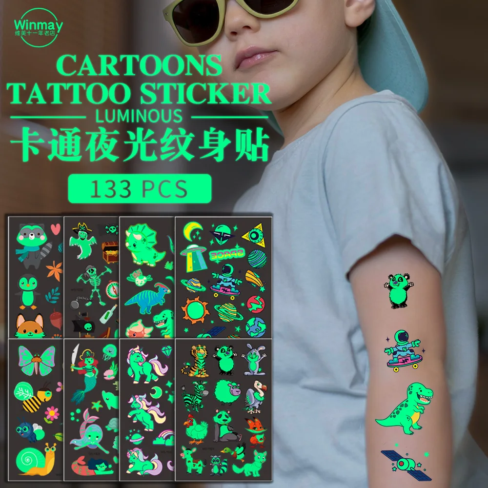 

Kids Luminous Cartoon Tattoo Sticker Unicorn Mermaid Fluorescent Green Award Sticker Waterproof Sweat Tattoo Sticker