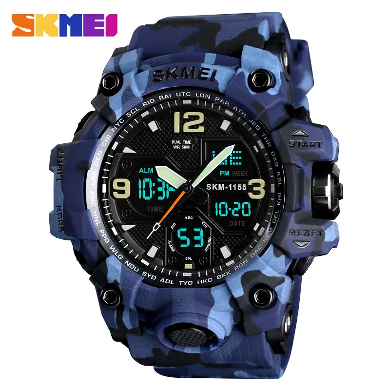 blue camouflage Джинсовые стильные роскошные Брендовые мужские спортивные часы SKMEI, водонепроницаемые цифровые кварцевые часы, мужские военные армейские часы, мужские часы - Цвет: blue camouflage
