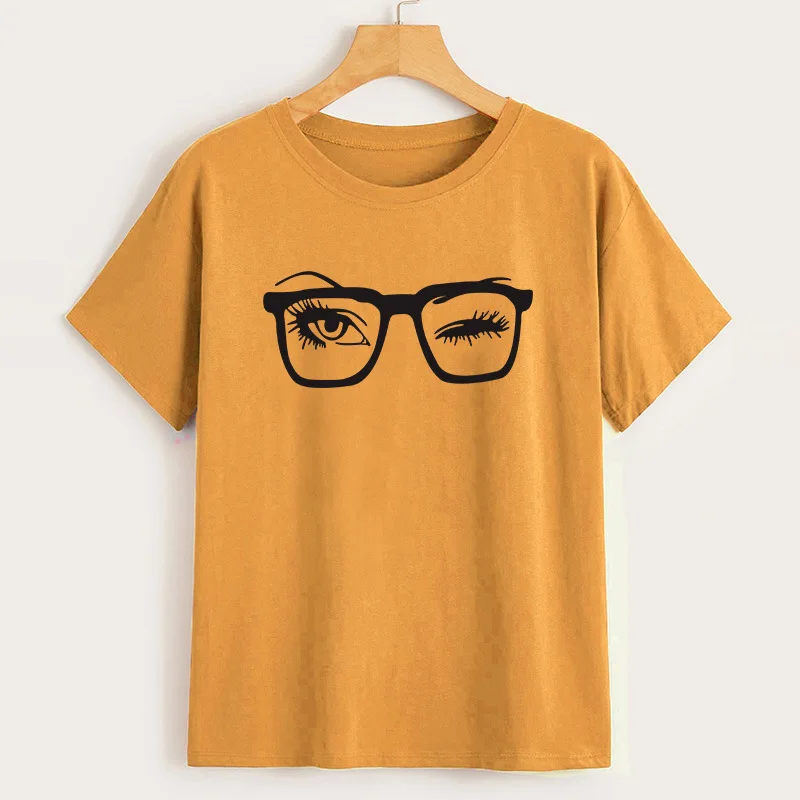 Лето 2019 новая хлопковая Футболка женская мигать с рисунком очков очки Широкий