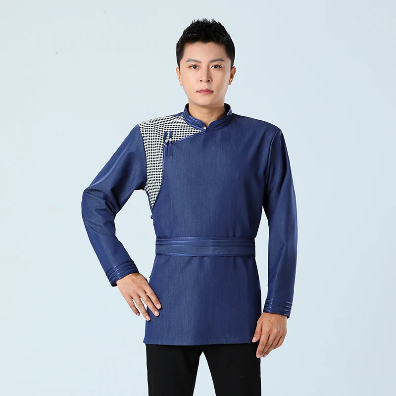 

Традиционная этническая одежда синяя монгольская Мужская одежда для взрослых с воротником-стойкой костюм в стиле Тан Азиатский костюм