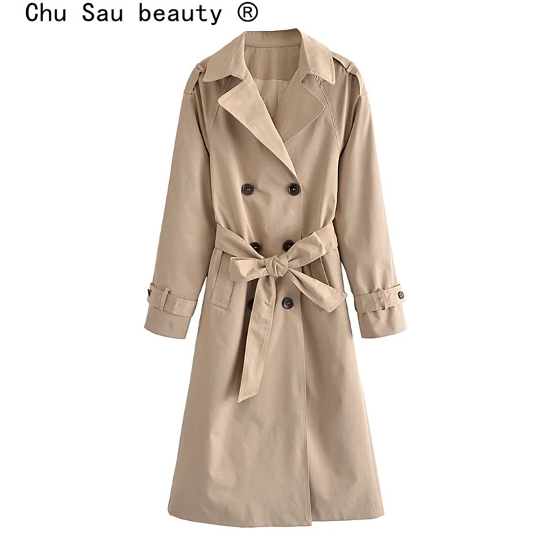 

New Fashion Office Lady Style Solid Long Trench Coat Women Casual Chic Double Breasted Jacket Coat Female Sashes Windbreaker
