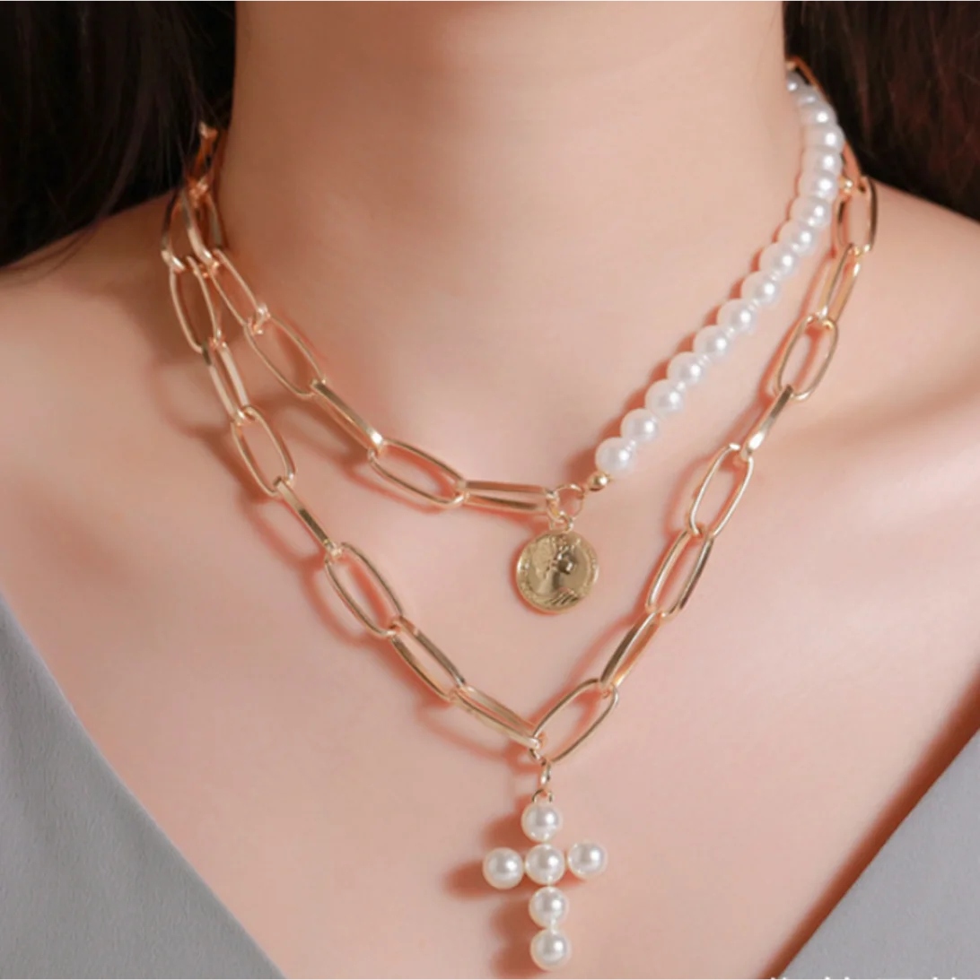 Pearl Cross Necklace Chain Double Layer 2 Piece Set Round Portrait Pendant Fashion Jewelry for women