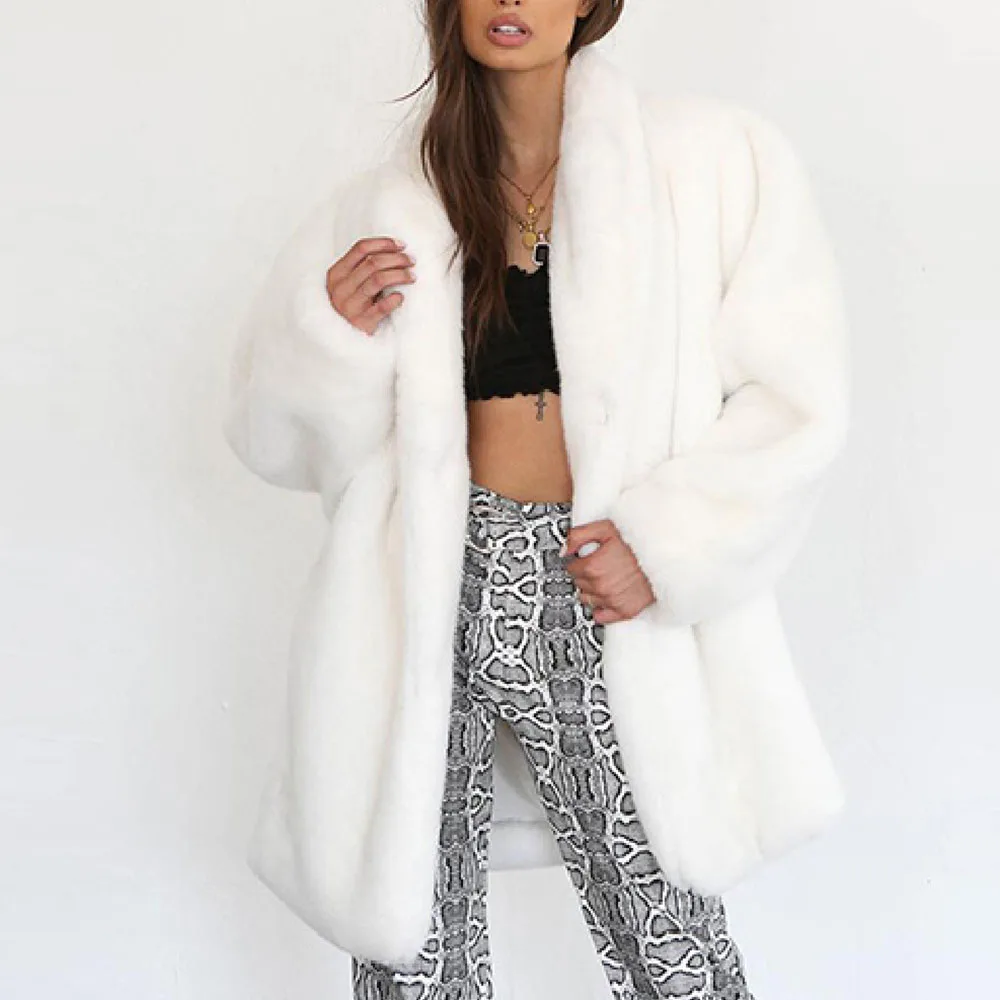 

Faux Fur Overcoat Women Fashion 2021 Autumn Winter White Long Sleeve Warm Thicken Casual Simplicity Design Women New