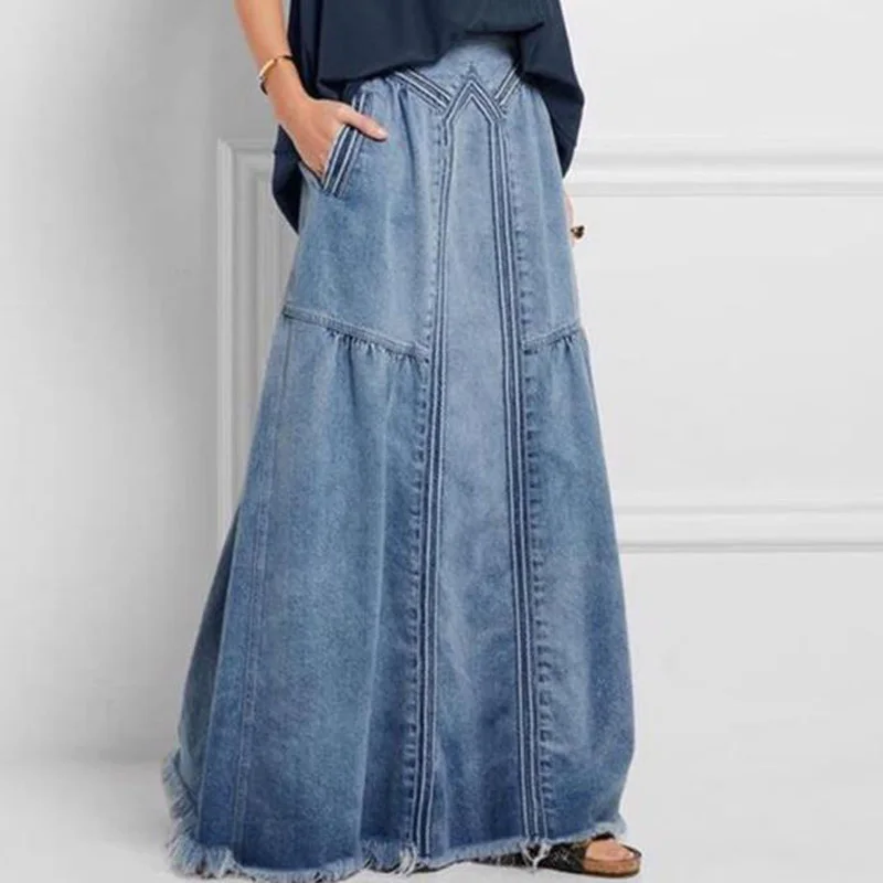 

Denim Skirts Women's Blue Jean Long Skirt Floor-Length Denim Maxi Skirts Long Saia Jeans Femininas