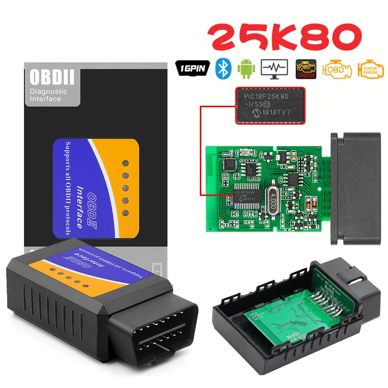

Elm327 V1.5 25K80 Chip Bluetooth OBD2 Elm 327 V 1.5 OBD 2 Car Diagnostic-Tool Scanner Elm-327 OBDII Adapter Auto Diagnostic Tool