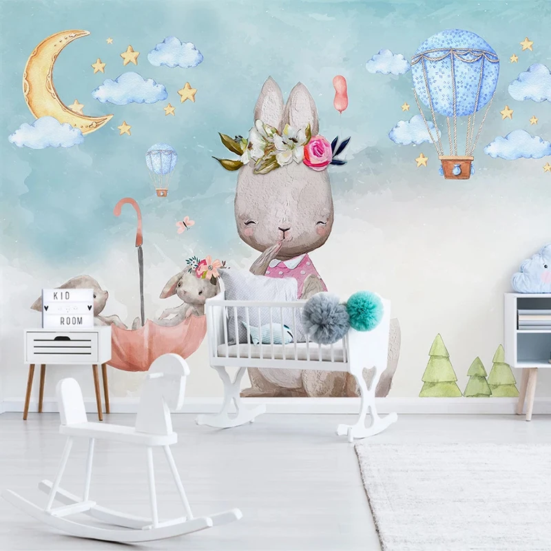 

Пользовательские Настенные обои скандинавские 3D Ручная роспись мультфильм кролик воздушный шар детская спальня настенная живопись Papel де ...