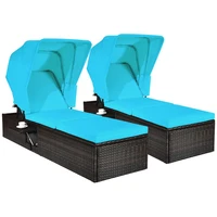 2pcs patio rattan lounge chair chaise cushioned top canopy adjustable 2hw65958
