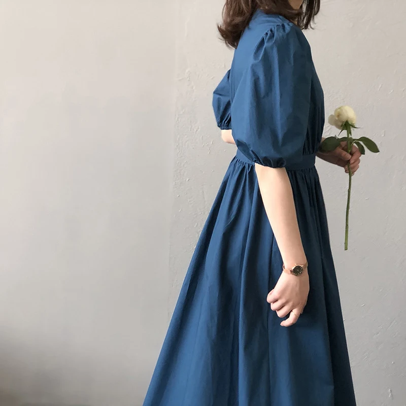 

SISPELL Puff Short Sleeve Dresses For Female V Neck High Waist Slimming Lace Up Bowknot Women's Elegant Dress Fashion Tide 2021