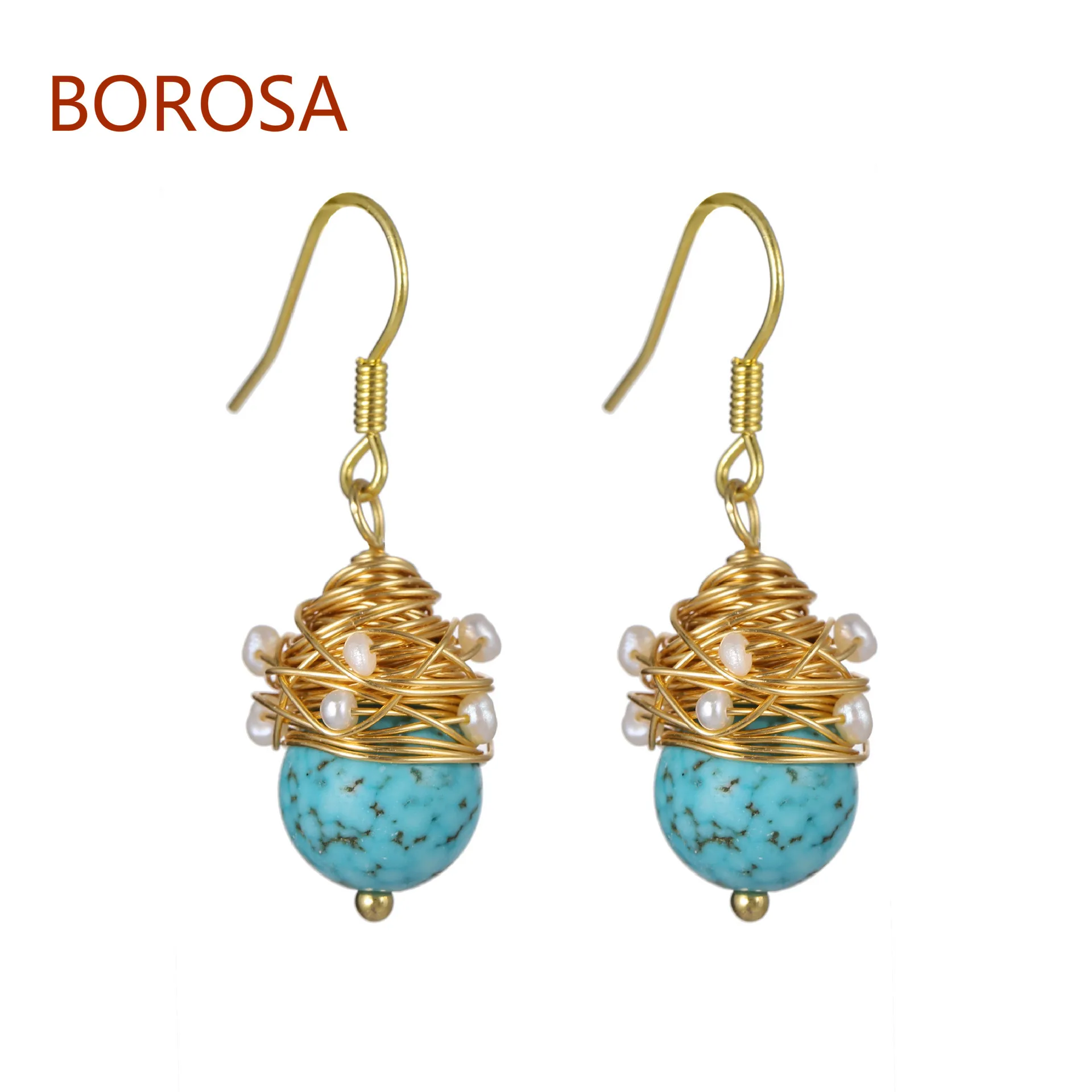BOROSA новинка синие висячие серьги Howlite Золотая проволока обернутые жемчужными