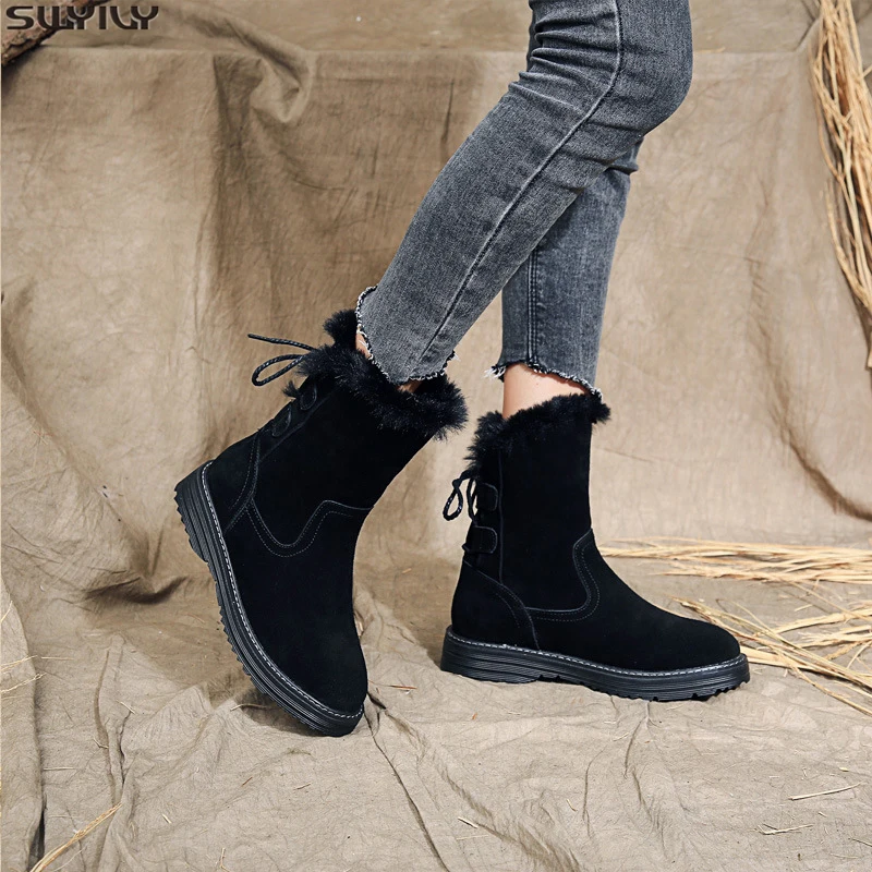SWYIVY/Женская обувь из коровьей замши Зимние ботинки с круглым носком Обувь на